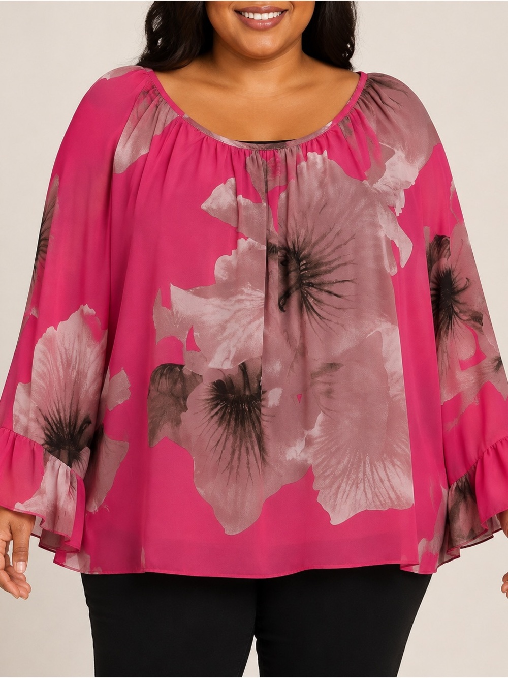 Ashley Stewart Fuchsia Pink Floral Peasant Blouse